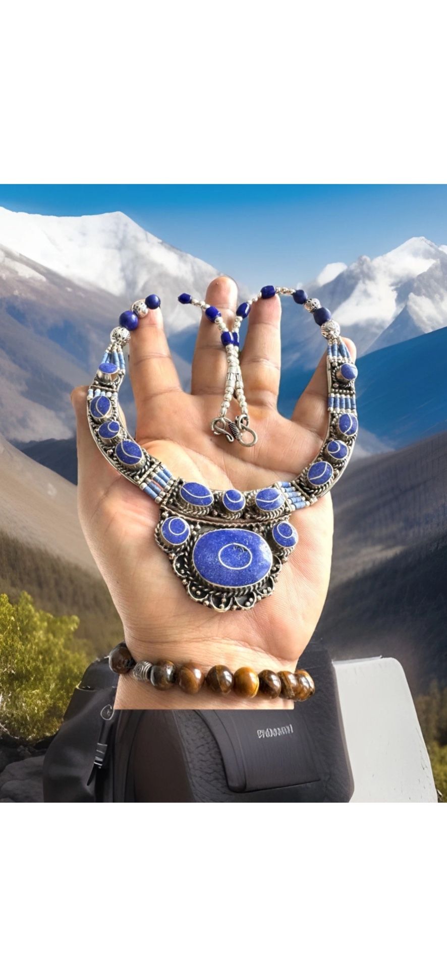 Vintage & Elegant Handcrafted Ethnic Style Statement Necklace With Inlay Lapis Stone & Silver 19”inch & 130grams