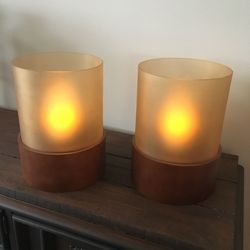 Large wood base glass candle holders 2 separate pieces