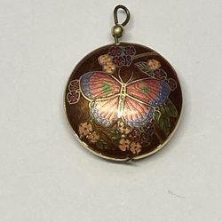 Red cloisonné butterfly & floral pendant necklace pre owned