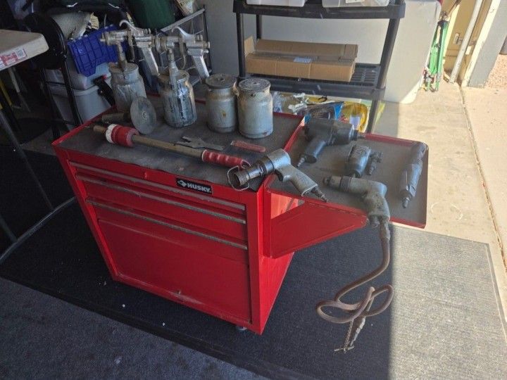 Husky Rolling Toolbox With Side Trey Full Of Pneumatic Tools
