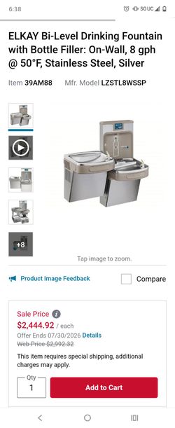 BNIB.....ELKAY Bi-Level Drinking Fountain with Bottle Filler: On-Wall, 8 gph @ 50°F, Stainless Steel, Silver