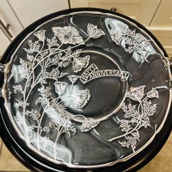 Vintage Glass “Happy Anniversary” Serving Tray with Handles