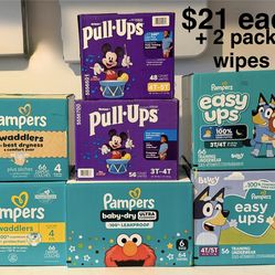 Pampers, PullUps and Easy Ups—Each case comes with 2 baby wipes