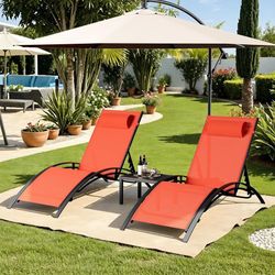 C126 $150 3 pcs Poolchairs Patio Chaise Lounge Set with Headrest 5-Level Adjustable Sunbathing Tanning Poolside Recliner Chairs with Side Table for O