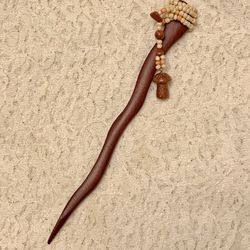 Wooden Handcrafted Beaded Chopstick Hair Pin With Sandstone Mushroom Charm, 7”