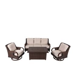 Outdoor Furniture Set, 4-Piece Patio Sofa Set With 2 Swivel Chairs, 3 Seater Sofa & Fire Pit Table