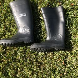 Steel-toe, black rubber boots, size 10