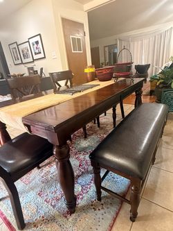 Dark Brown Dining Table Set with Chairs & Bench