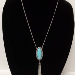 Silvertone Tassel Faux Turquoise 25" Necklace 