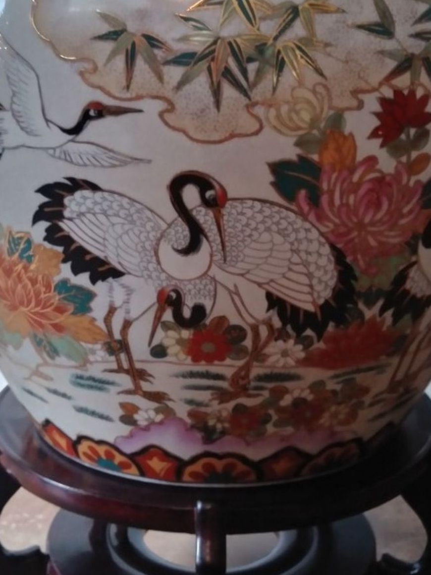 Vintage Large Oriental Hand Painted Porcelain Pot Cranes Goldfish