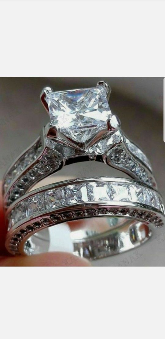 Stunning Wedding Engagement Ring Set Princess White Cz 925 Sterling Silver Sz 5-10
