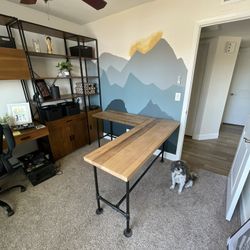 Hand Crafted L Shaped Wood & Iron Desk