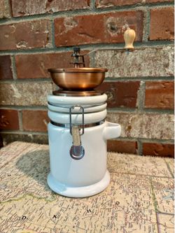 Vintage Chesnut Creek manual coffee grinder white ceramic copper top