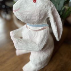 Vintage Paper Mache Hand Painted Easter White Bunny Rabbit, Home Decor, Made in Philippines