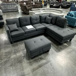 2-Piece Sectional Set 2pc Sectional Sofa w/ 2 Accent Pillows  Color: Charcoal.  ✨  Juego De Sofas Color Gris Nuevos En Caja 