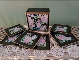 Set of 6 Otagiri Japan Tavistock Floral Garden black lacquer/lacquerware coaster set in box