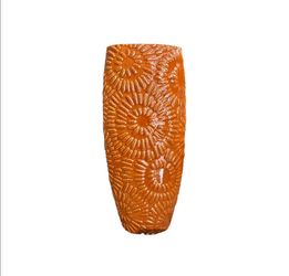 Vase Ceramic 15" Vintage MCM Burnt Orange Embossed Sunburst Pattern Pottery