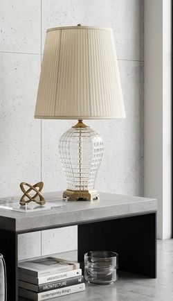 Vintage 1970s Hollywood Regency Glass Basketweave Table Lamp with Original Pleated Shade