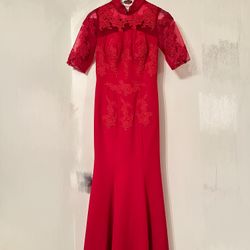 Red lace trim long dress