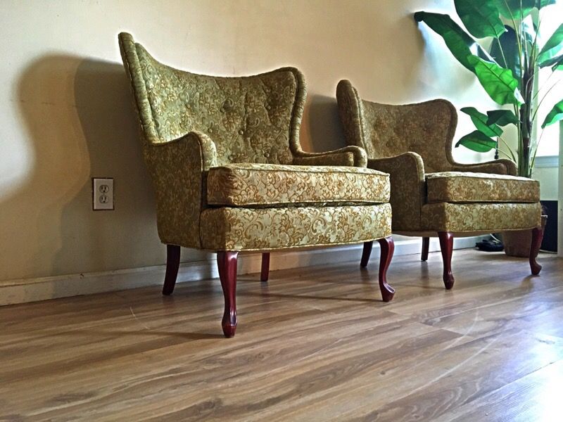 Pair wingback chairs Rare William Alan mid century upholstered dated 1967 formal arm chairs Claw foot antique.green orante embroidery