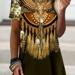 Ethnic Graphic Print Tunic Top - Comfortable Crew Neck,Vintage Hippies Hip Hop .full 3D Printed 