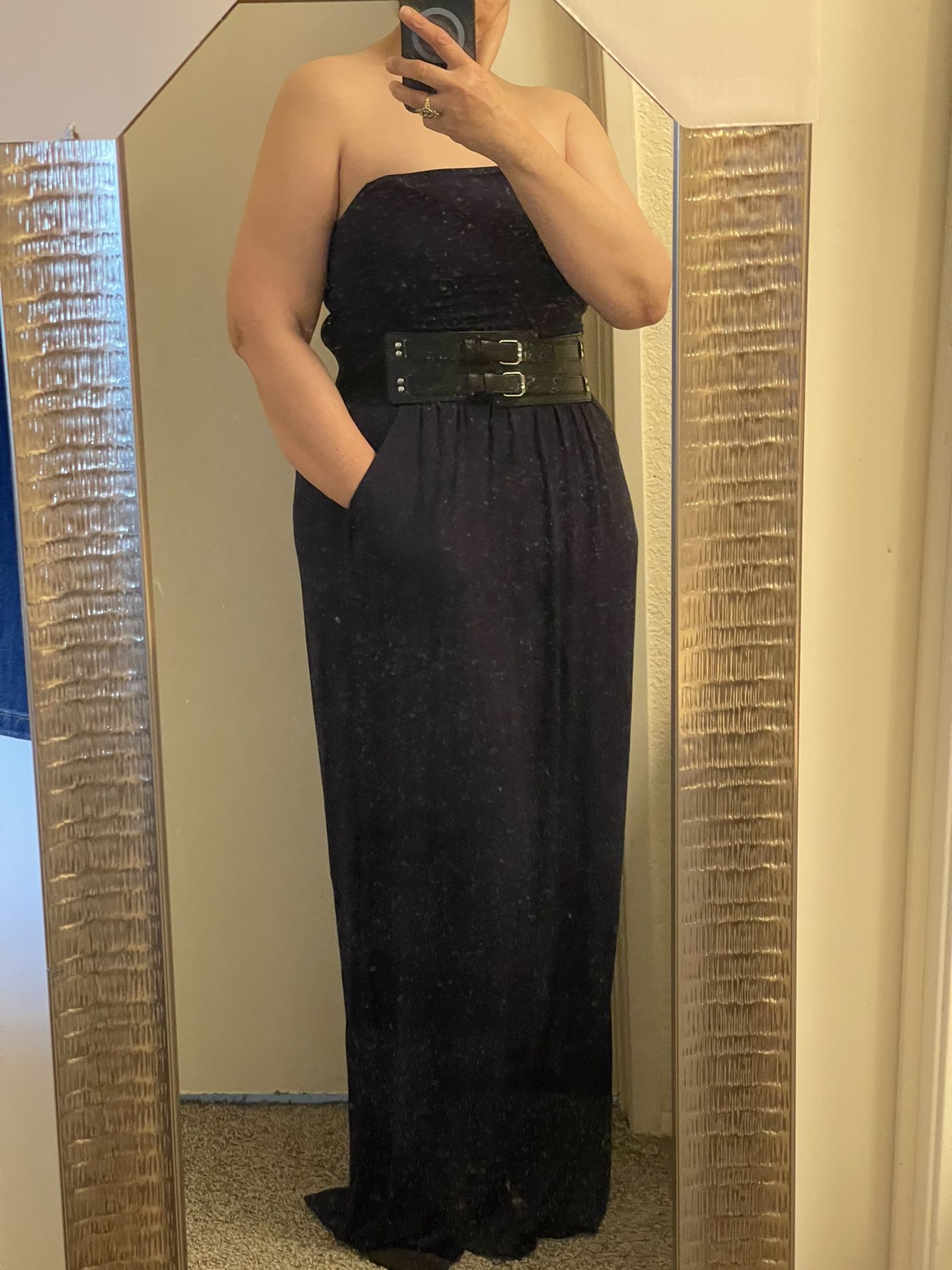 Navy blue maxi strapless dress size XL  Without belt , can add the red belt if you like it 