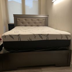Queen Size Bed Frame + Memory Foam Mattress – Like New 