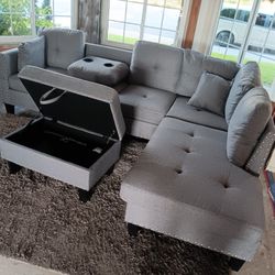 3pcs Sectional Sofa W/Drop-Down Cupholder & Storage Ottoman