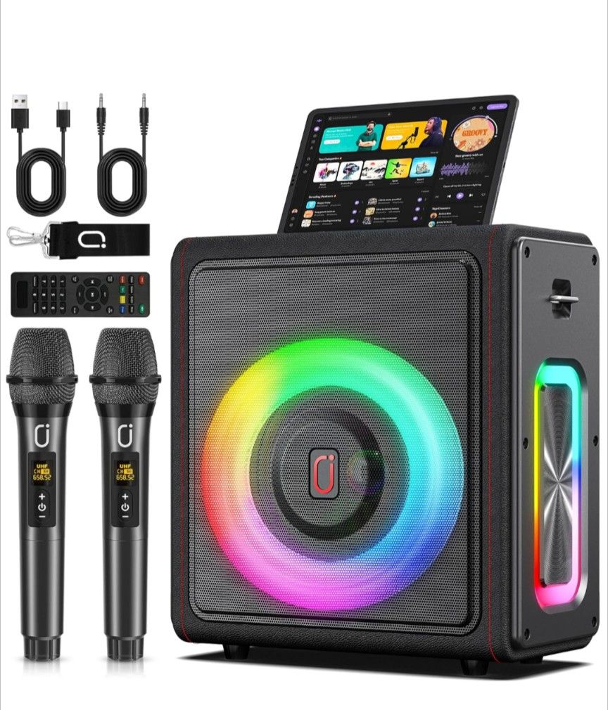 Karaoke Machine, Portable Bluetooth 5.3 Speaker with 2 Wireless Microphones for Adults, PA System with Pitch Correction & Echo Adjustment