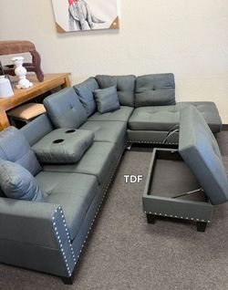 Brand New Charcoal Linen Sectional Sofa + Storage Ottoman (New In Box)