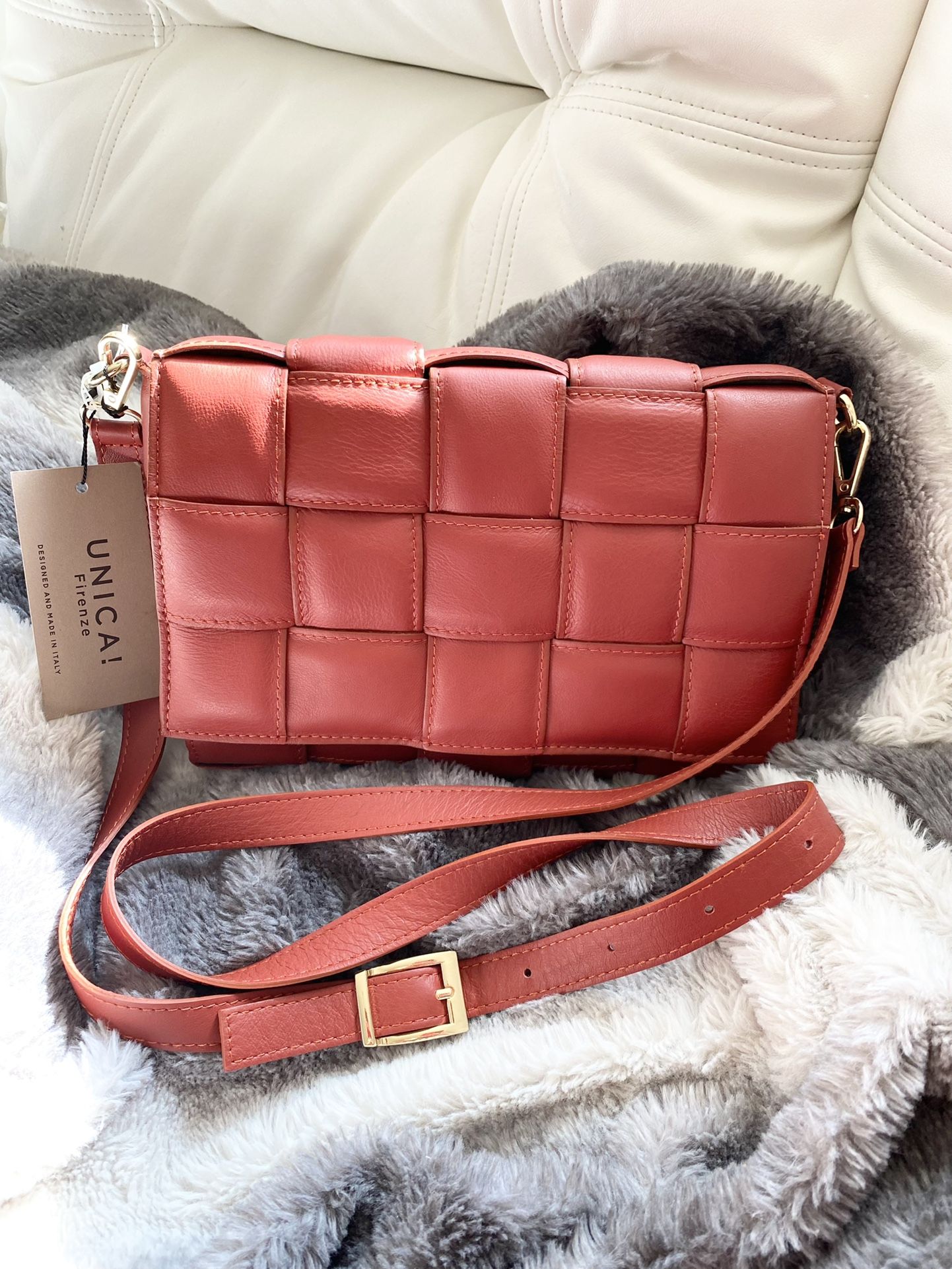 Unica! Firenze Quilted Italian Genuine Leather Papaya Crossbody Purse