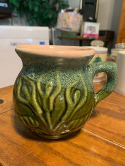 vintage ceramic mug hand-painted green floral motifs
