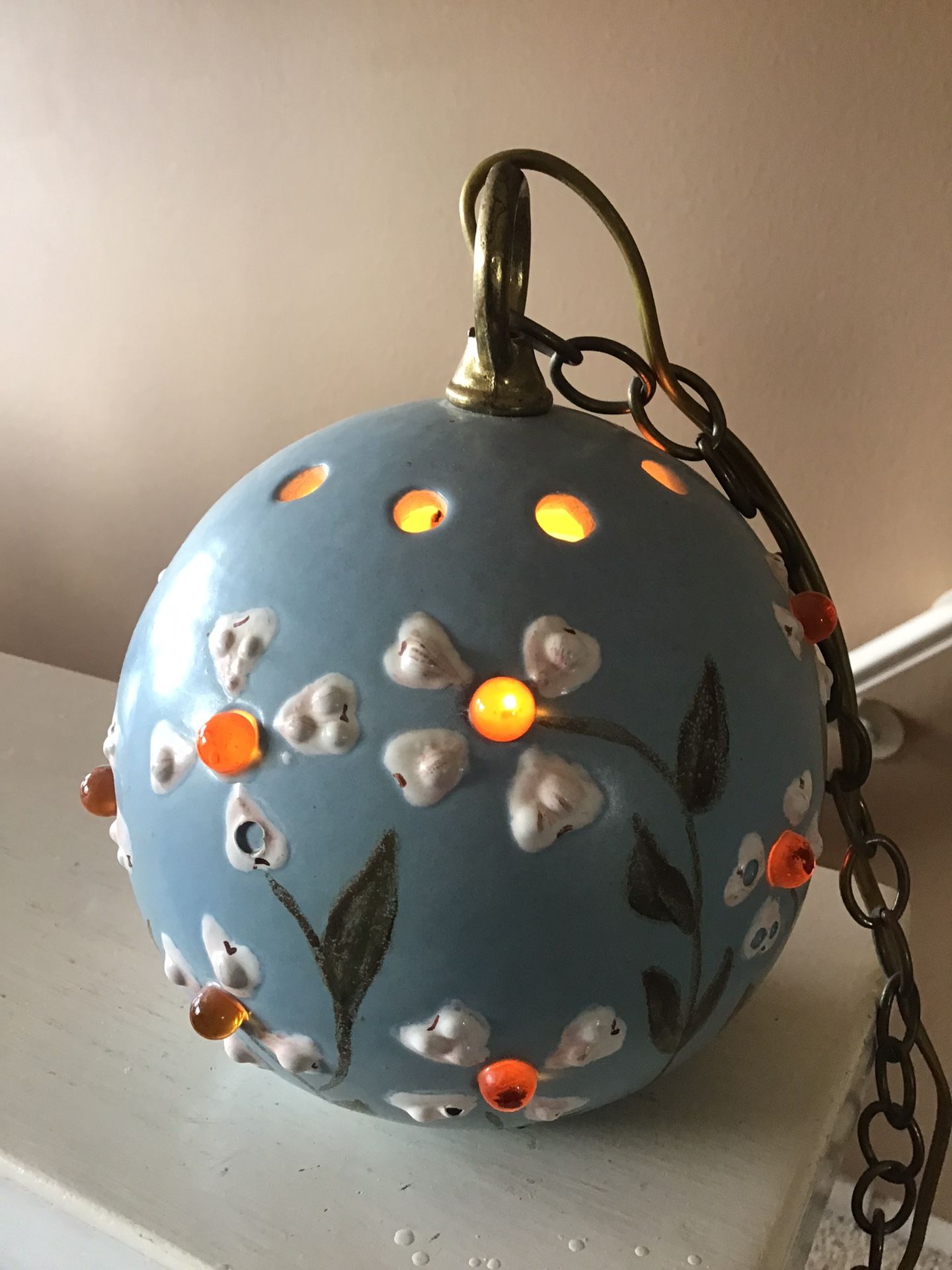Vintage 1970s Handpainted Ceramic & Amber Glass Chain Swag Lamp