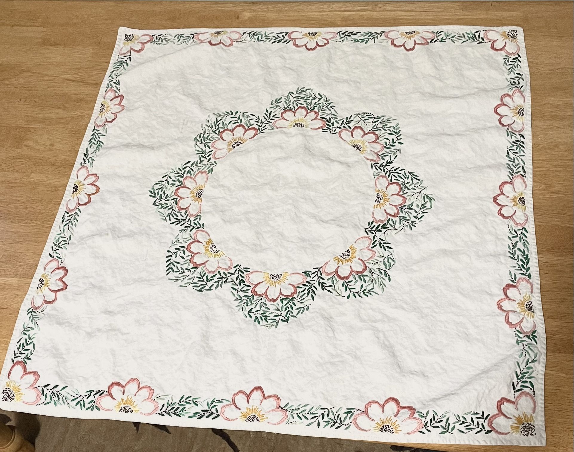 vintage handmade tablecloth square 33” X 31. floral embroidered mcm retro.Pretty