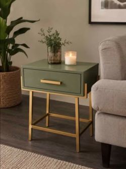 Sage Green & Gold Modern Nightstand / End Table with Drawer
