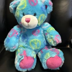 Build A Bear Sky Blue Peace Sign Hippie Teddy Bear Plush BABW 12" 2010 Retired
