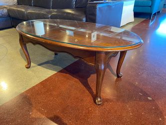 Oval Cherry Coffee Table with Glass Top and Queen Anne Style Legs