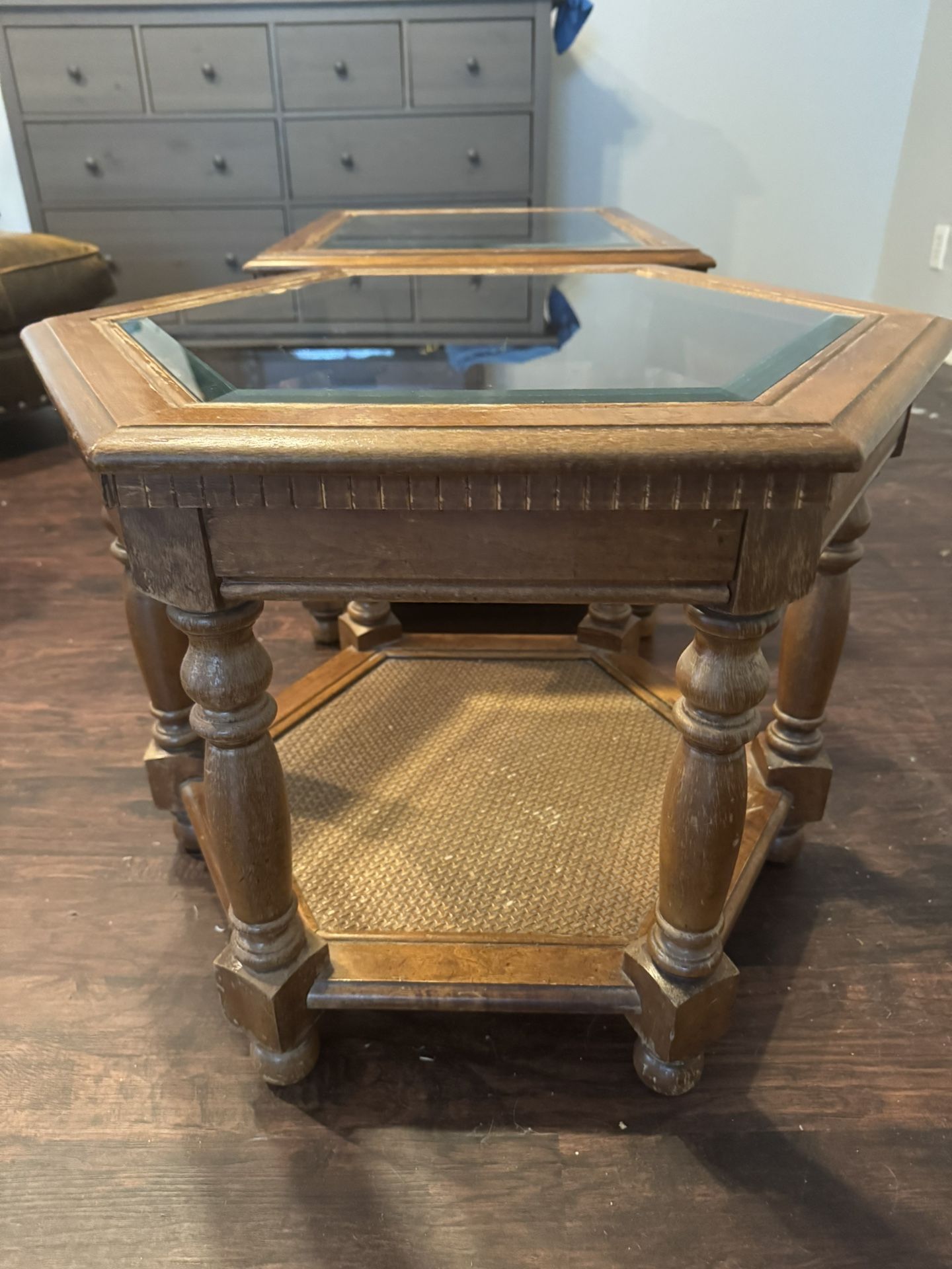 Two Classic Quality Wood End Tables With Glass Top For Sale
