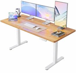 63x28 Inch Electric Standing Desk, Adjustable, Light Vintage Brown 176 Lbs Capacity, Smooth Home Office Desk, 4 Memory Presets & Headphone Hooks, 28.3