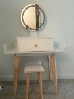 White Vanity Table with LED Mirror and Stool