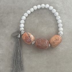 Women’s Handcrafted Natural Sunstone, Howlite Expandable Bracelet Swarovski Crystal Accents, Silver Tassel 