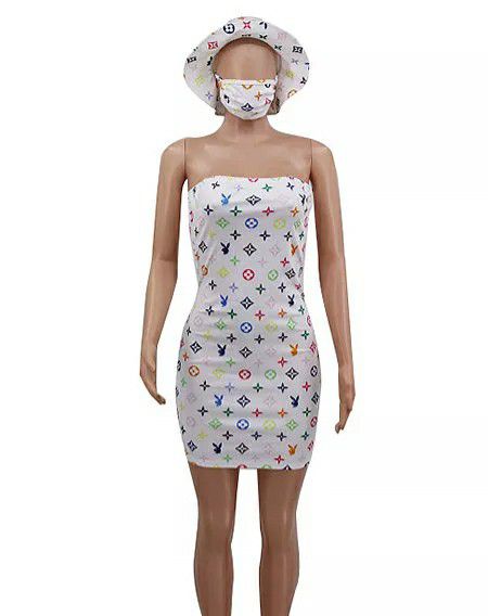 Pink LV Dress With Mask & Hat