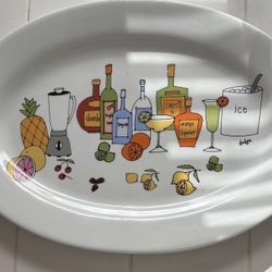 Margarita Porcelain Platter White With Multicolor Drink Design 18“ X 13“