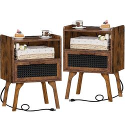 New 2 Rattan Nightstand, Boho Side Table with Drawer Open Shelf, Cane Accent Bedside End Table