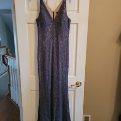 Dress Long Dark Grey Lace With Nude Underlay  Size 8 