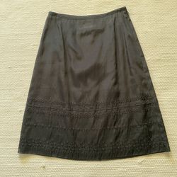 Ann Taylor Brown A-Line Silk Cotton Embroidered Midi Lined Skirt Size 0