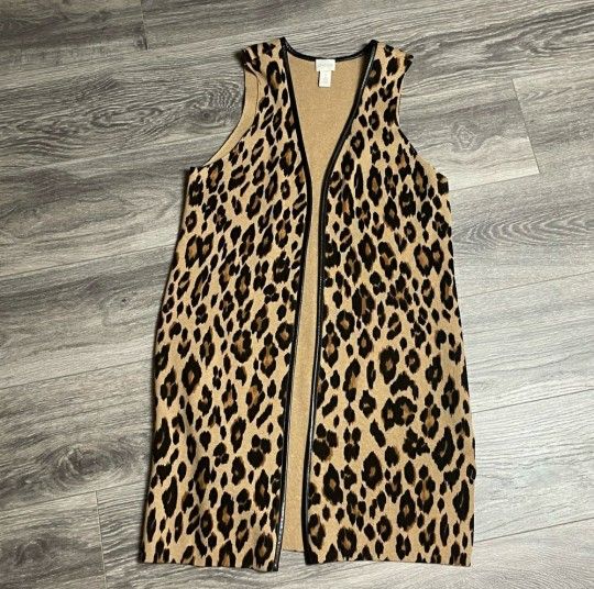 Beautiful CHICO Animal Cheetah Print Long Sweater Duster Cecily VEST w/Faux Leather Trim Piping + Double Camel Color Side Slits Vents Size SMALL Sz 1