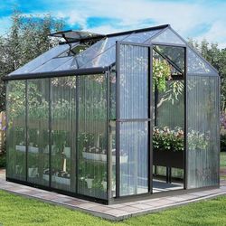 Aoodor 6 x 8 Ft Walk-in Greenhouse with Gutter, Polycarbonate and Heavy-Duty Aluminum Frame, Adjustment Skylight and Lockable 2-Sided Door for Patio, 