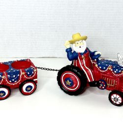 Vintage Patriotic Santa Riding a Tractor Ceramic Figurine