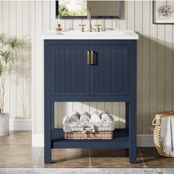 24" Bathroom Vanity with Sink, Modern Bathroom Sink Cabinet with Ceramic Basin for Small Space, Freestanding Storage Cabinet with 2 Doors & 1 Open She